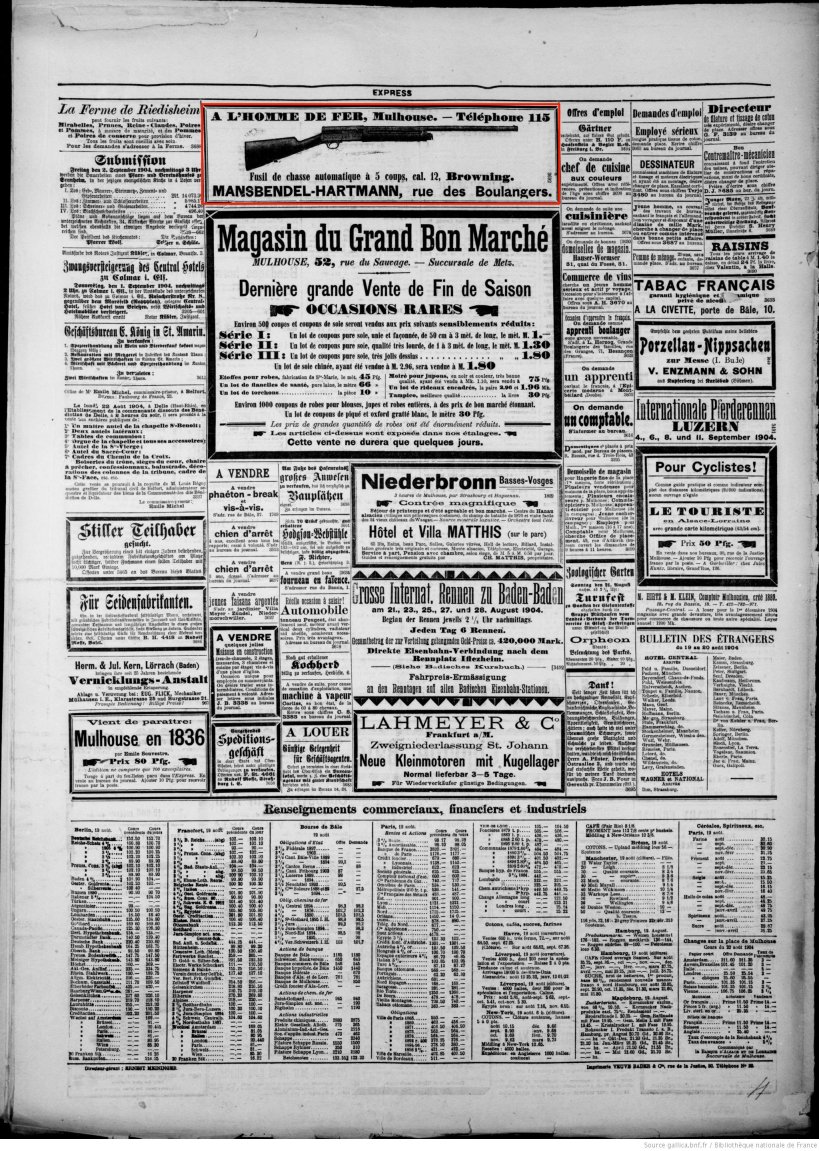 Journal L'Express de Mulhouse du 20 août 1904 (p.4) : fusil de chasse automatique à 5 coups, cal. 12, Browning.